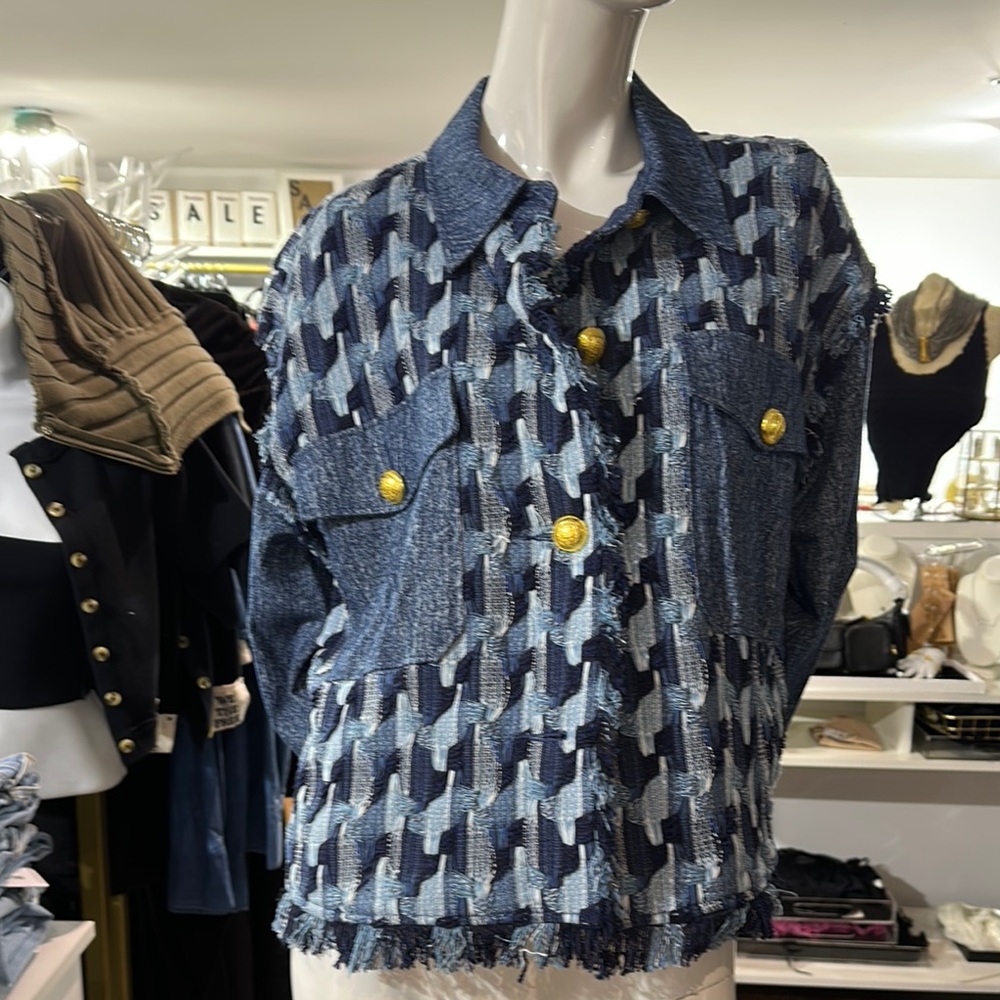 Blue and Gold Buttoned Houndstooth Jacket